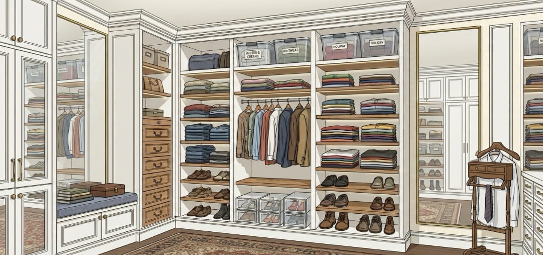 Illustration of a custom closet system.