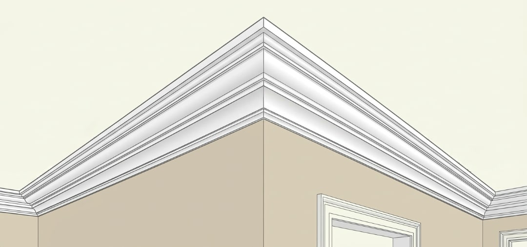 Illustration of crown molding installed neatly along a ceiling corner.