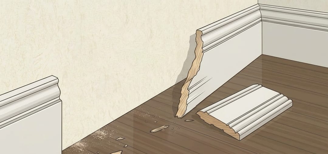 Illustration of a broken piece of baseboard which is in need of repair.